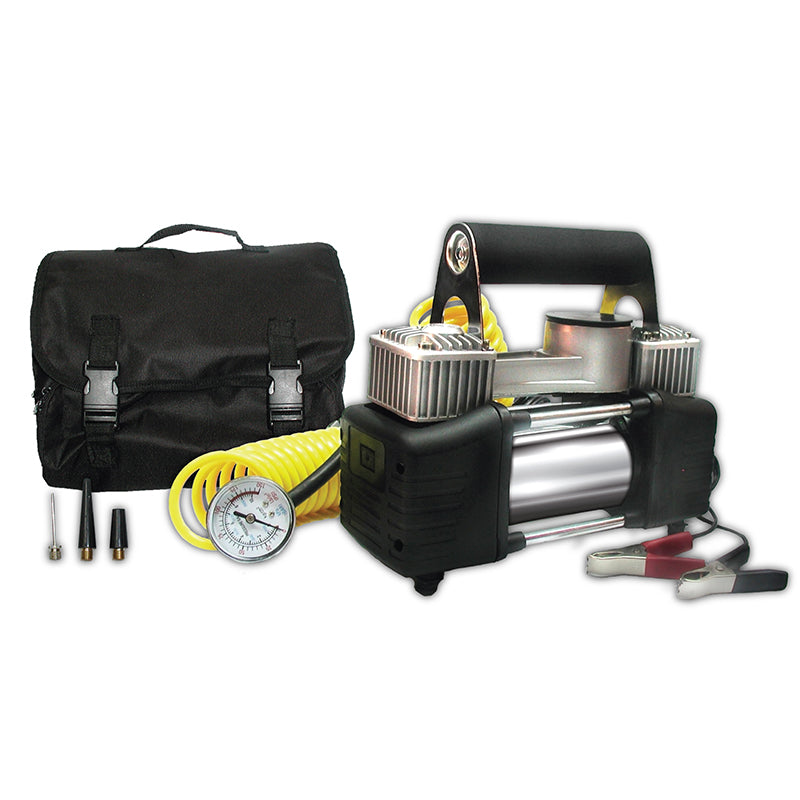 Компресор за гуми 2 цилиндъра, 150 PSI 12V, 55 л/мин, метален, в чанта