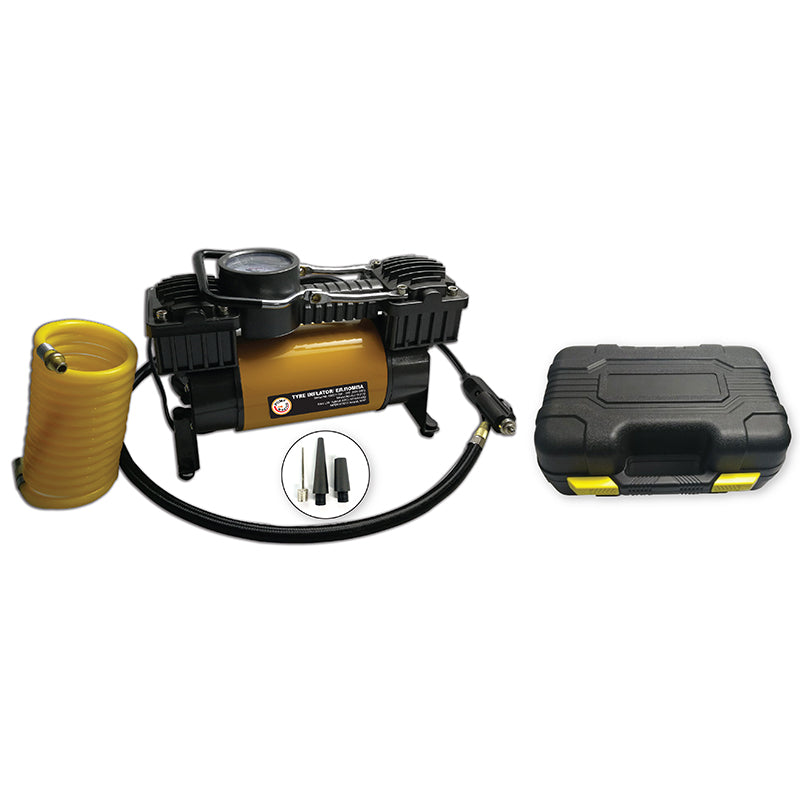 Компресор за гуми 2 цилиндъра, 150 PSI 12V, 55 л/мин метален в куфарче