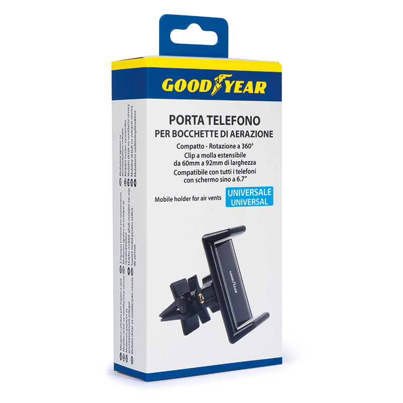 GOODYEAR Стойка за телефон с щипа за въздухопровод, регулируема, дължина: 12-15,2 см, 360° въртене, ширина на държача от 6 до 92мм, съвместима с всички телефони с екран до 6.7"