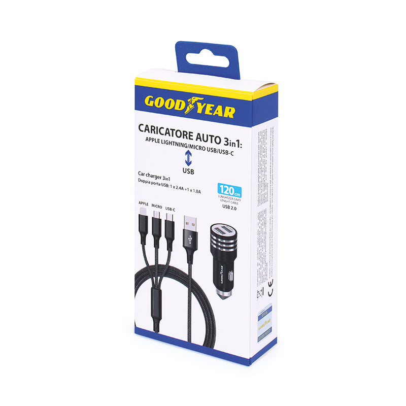 GOODYEAR Заряден кабел за кола 3в1, съвместин с продукти на Apple, с MICRO USB и USB-C, с включен разклонител за запалката с два USB  порт-а