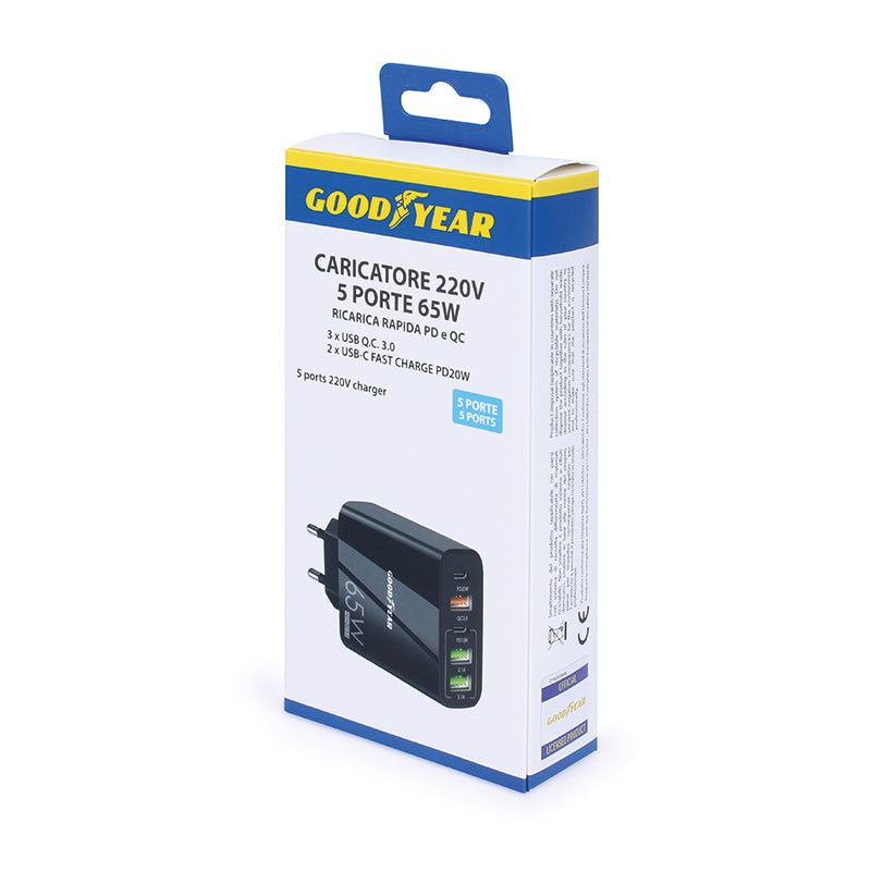 GOODYEAR Зарядно за стена 220V, 5 изхода 65W, 2xUSB-C с бързо зареждане, 3xUSB 3.0 с бързо зареждане